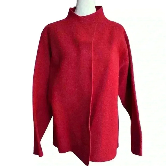 Eileen Fisher 100% Boiled Wool Women’s Jacket Red Sz S Cowl Cape Oversized - Picture 1 of 11